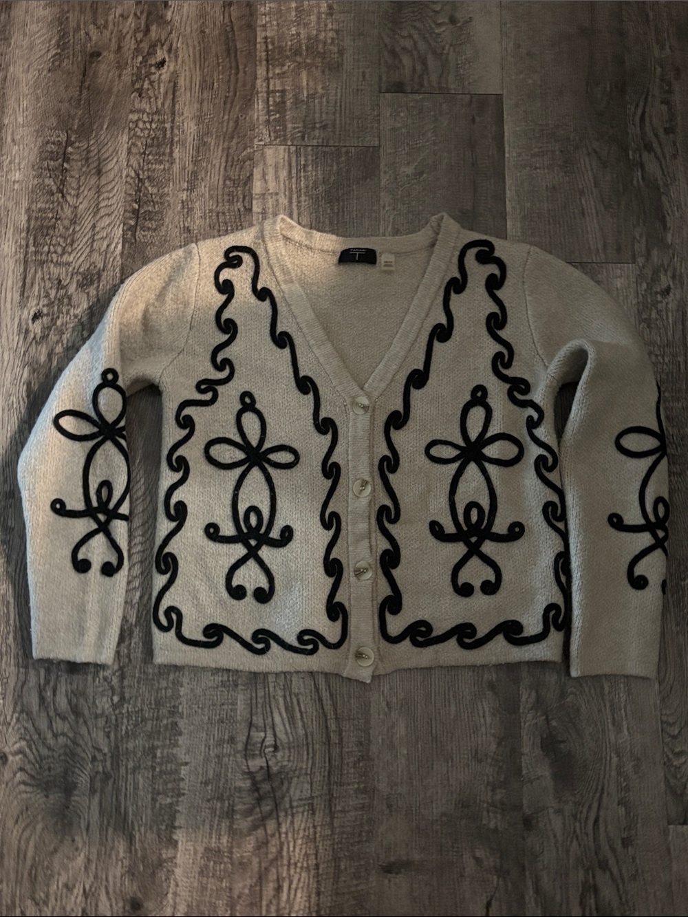 Tahari Sweater Cardigan - Cream with Black Embroidered Swirls - Size XSmall